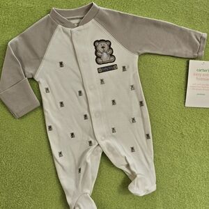 NWT  PREEMIE  Baby BOYS Cream FOOTIE & Brown TEDDY BEAR  Applique (Q5)